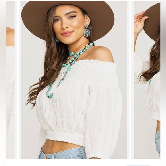 FREE PEOPLE Dancing Till Dawn Off-the-Shoulder Cropped Top, Medium - Picture 4 of 8